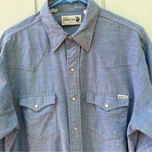 GENUINE ROEBUCKS—VTG Western Chambray Shirt—16 x 34.50—Pearl Snaps—Made in USA